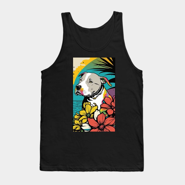 American Staffordshire Terrier PitBull Dog Vibrant Tropical Flower Tall Retro Vintage Digital Pop Art Portrait 6 Tank Top by ArtHouseFlunky